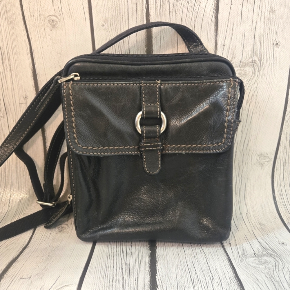 FOSSIL Crossbody Bag Black Leather ZipTop 7" x 9"